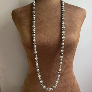 Two Tone Grey Glass Faux Pearl Hand Knotted Long Strand 40" Necklace Old Money